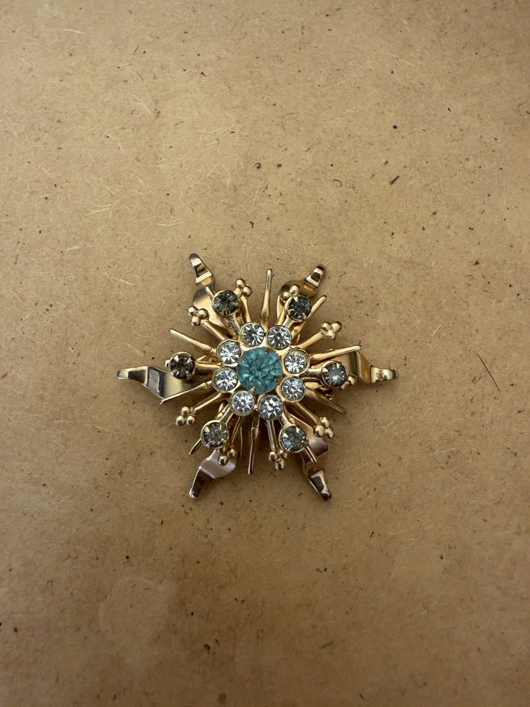 Vintage Starburst Snowflake Atomic Brooch Gold Tone Mid Century Modern 1.5″