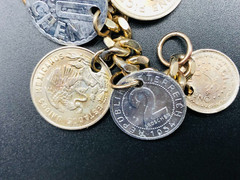 Vintage 15 RARE 1950’s Coin Charm Bracelet South Africa, India, Osterreich, Mex