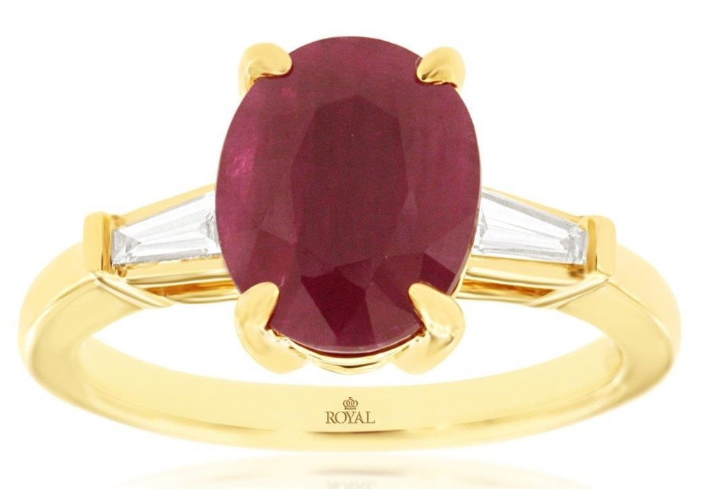 3.26CT DIAMOND & AAA RUBY 14KT YELLOW GOLD OVAL & TAPERED BAGUETTE 3 STONE RING
