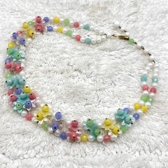 Vintage Pastel Beaded Necklace Layered Plastic Flowers 2 Strand