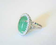Light Green 14K Gold Cabochon Jadeite Jade Diamond Ring Vintage Estate Gift Idea
