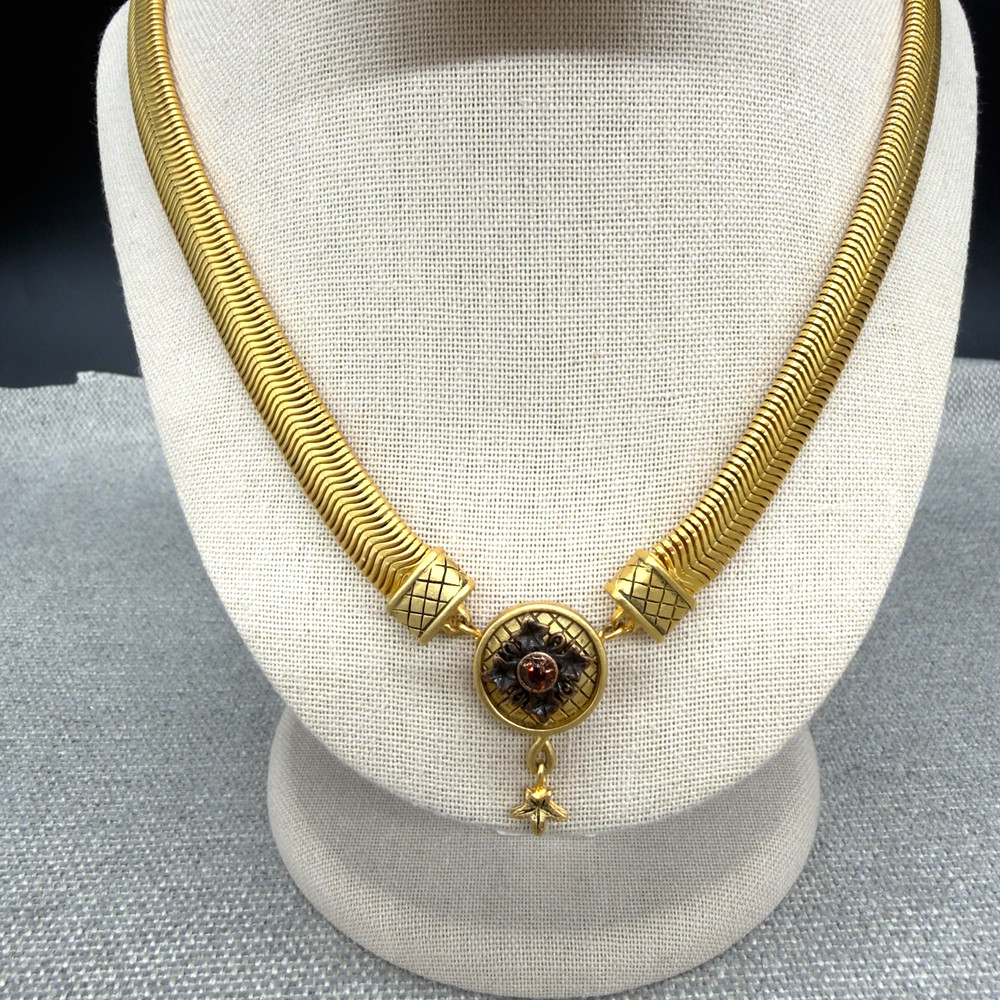 Vintage Necklace Omega Chain Gold Tone Pendant Orange Rhinestone Dangle