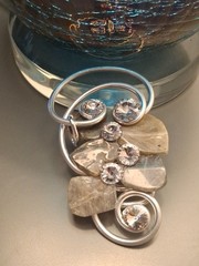 Jeff Lieb Mixed Media Modernist Abstract Swarovski Crystal Moonstone Pendant 4″