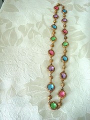Vintage Gold Tone Necklace Bezel Set Pink Purple Blue Green Stones 22 1/2 In.