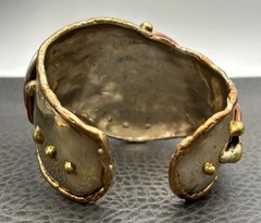 VTG Brutalist Mixed Metal Copper Silver Tone Wide Cuff Bracelet Black Stone 7”