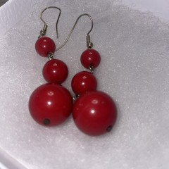 Vintage 70s Red Beaded Dangle Drop Pierced Hook Earrings