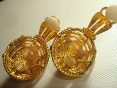 Vtg.St.JOHN LOT (2) EARRINGS OVAL TIGER’s EYE GOLD/T, BLACK ENAMEL RHINESTONES