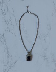 Silver Tone Faceted Black Stone Pendant Necklace on Box Chain Vintage Costume