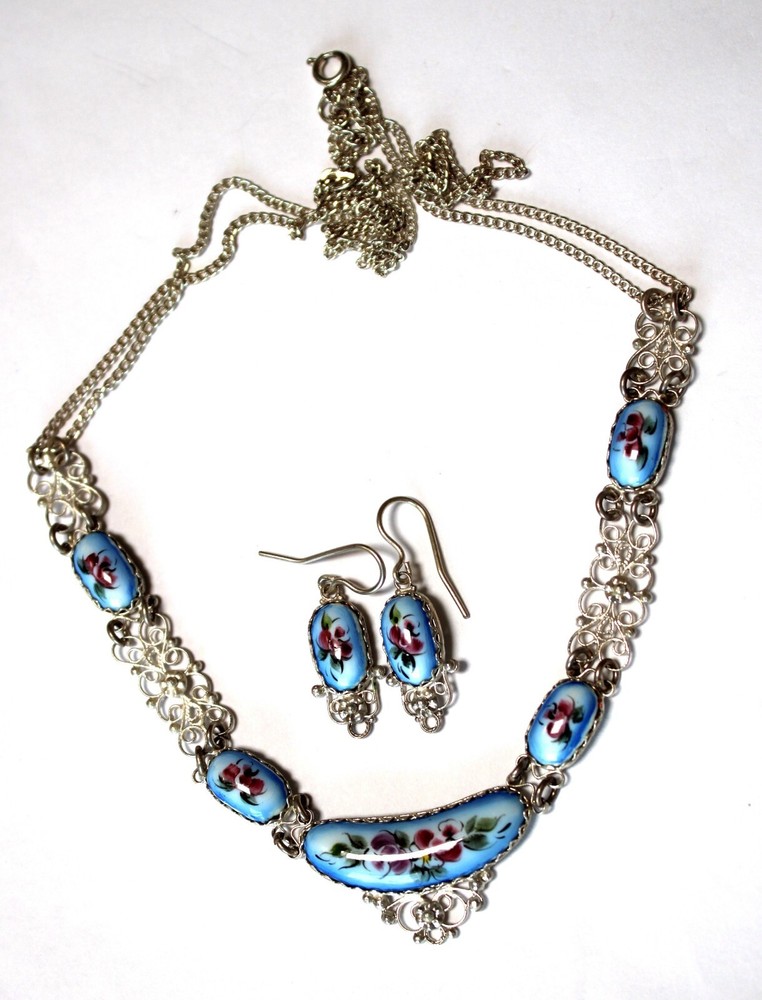 Vintage Unique Russian Enamel Hand Painted Jewelry Set Earrings + Necklace #50