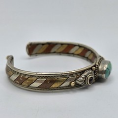 Vtg Tibetan Mixed Metal Cuff Bracelet Turquoise Garnet Tri Metal Nepal Bangle