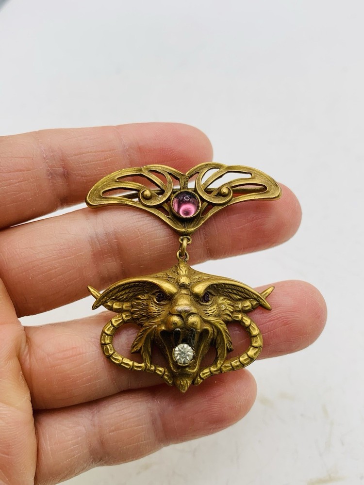 Antique Vintage Art Nouveau Gothic Gargoyle Griffin Crystal Gold Tone Pendant