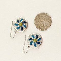 Ross Simons 925 Sterling Silver Blue & Green Enamel Flower Daisy Dangle Earrings
