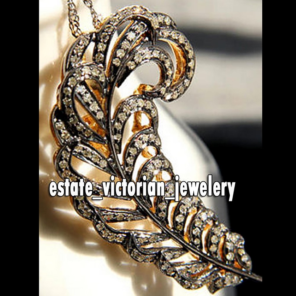 Vintage 2.90Ctw Genuine Old Mine Rose Cut Diamond Silver Feather Brooch Jewelry