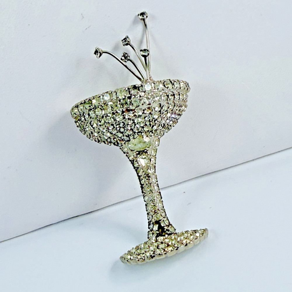 Vintage DORTHY BAUER Brooch Rhinestone Celebration Champagne Glass READ TEXT