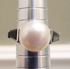 Art Deco ring QVC white pearl black crystals 925 sterling silver signet Size 5