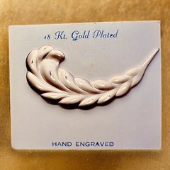 Feather Brooch NOS 18Kt Gold Plated Hand Engraved Mid Century Pin