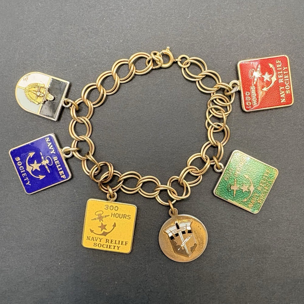 Vintage US NAVY Relief Society Charm Bracelet Gold Tone Military Engraved