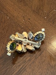 Vintage Mid-Century Blue & Green Glass Rhinestone Brooch Gold Tone Leaf Accent!