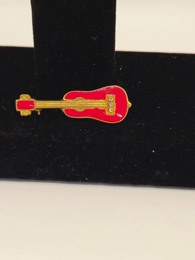Vintage gold Plate Red Enamel Cloisonne Guitar Brooch