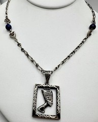 VTG Silver Egyptian Revival Goddess Necklace Blue Glass/stone Bead Unsigned Read