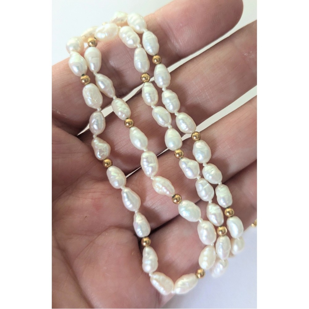 14K Yellow Gold White Fresh Water Pearl Beaded & Knotted Necklace 18″
