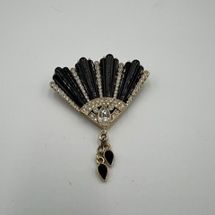 Vintage Art Deco GoldTone Black Fan Rhinestone Crystals Pin Brooch