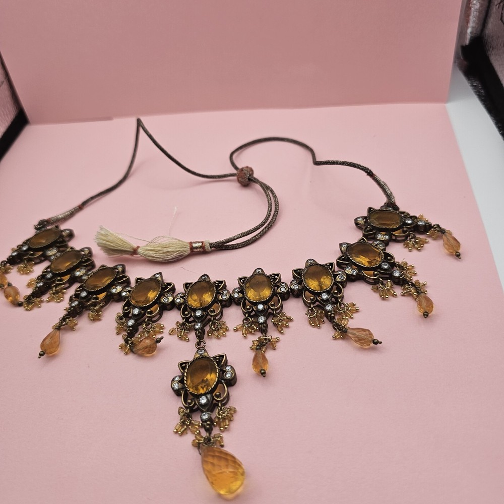 Vintage Bohemian Style Amber Glass Necklace Bib Chandelier Rhinestone Accents