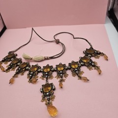 Vintage Bohemian Style Amber Glass Necklace Bib Chandelier Rhinestone Accents