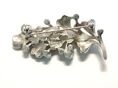 Crown Trifari Faux Pearl Silvertone Leaf Brooch-MCM Signed