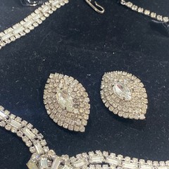 Vintage Signed HOBE Rhinestone Bib Necklace and Clip-On Earring Set