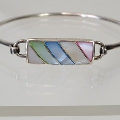 Vtg Sterling Silver Mop Mother Pearl Tension Bracelet Colors 7″ signed Inlay 925