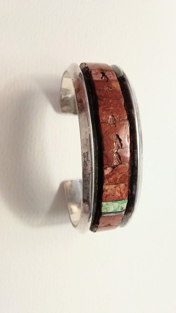 Vintage Sterling Silver Red Coral Turquoise Cuff Signed by D. Nightengale 1970s