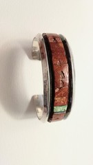 Vintage Sterling Silver Red Coral Turquoise Cuff Signed by D. Nightengale 1970s