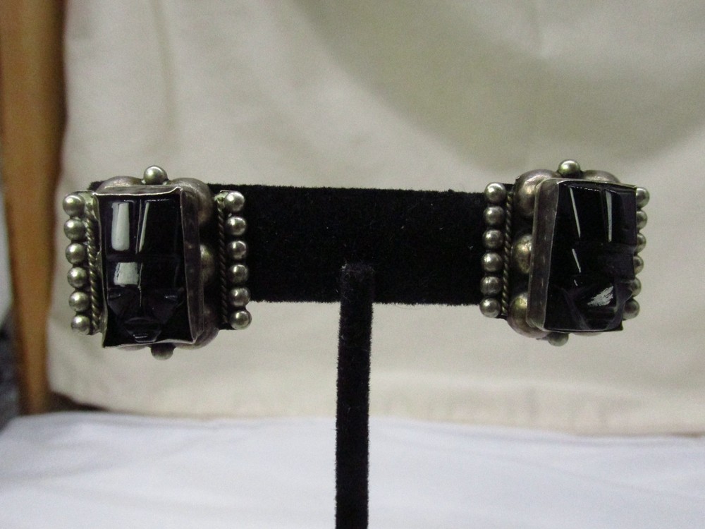 Mexico Sterling Silver Carved Black Onyx Mask Screw Back Earrings 1 x 1″ #721