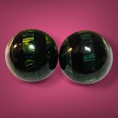 Vintage Laminated Bakelite Earrings: Domed Blue Moon & Black Catalin Stripes