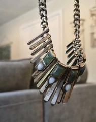 Vtg Rustic Metal & Stone Beaded Fringe Bib Statement Chain Necklace