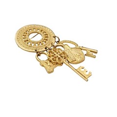 Casual Corner Round Medallion Key Lock Shield Charm Dangle Brooch, Signed L390