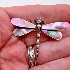 Swoboda Garnet Mop Dragonfly Brooch Mother Of Pearl Wings Signed Costume Jewelry