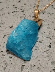 Vintage Pendant Huge Natural Chunky Quartz Dyed Aqua Blue Gold Tone Dipped 20″ L