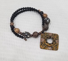 Vintage Tribal Back & Brown Beaded Neck Ring with Enameled Copper Square Pendant