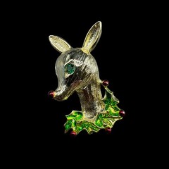 Vintage Gold Tone Reindeer Brooch Pin Christmas Holly Rhinestone