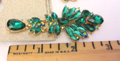 VTG NATASHA Gold Tone & Green Rhinestone Large Unused Earrings on Tag
