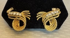Natural Diamond Earrings Estate Vintage Rope Swirl Omega Clip 14K Gold 10.8g