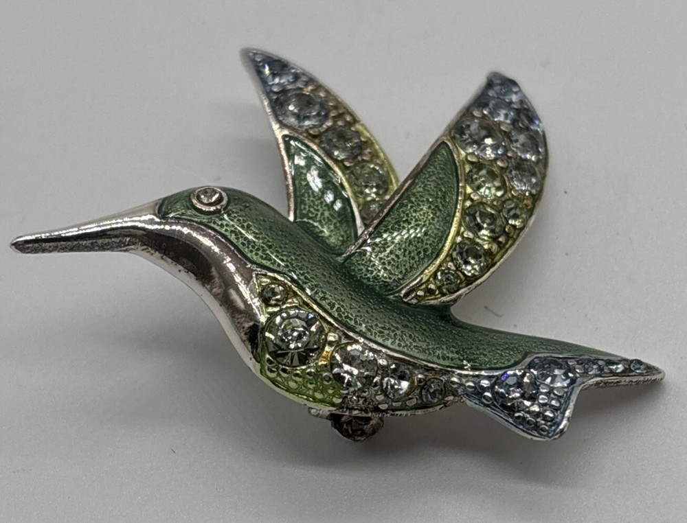 Vintage Brooch Liz Claiborne Signed Green Hummingbird W/ Rhinestone Accents