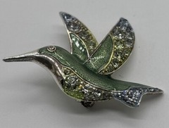 Vintage Brooch Liz Claiborne Signed Green Hummingbird W/ Rhinestone Accents
