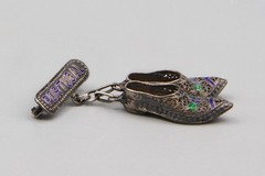 Antique 30s Portugal 800 Silver Green Blue Enamel Shoes Pin, Cannetille Brooch