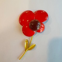 Vintage LARGE, RARE & NICE! 1960s Enamel Flower Brooch Pin in Red Brown Yellow