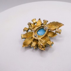 Jomaz Mazer Blue & White Rhinestone Gold Flower 2″ Brooch Pin Signed HTF