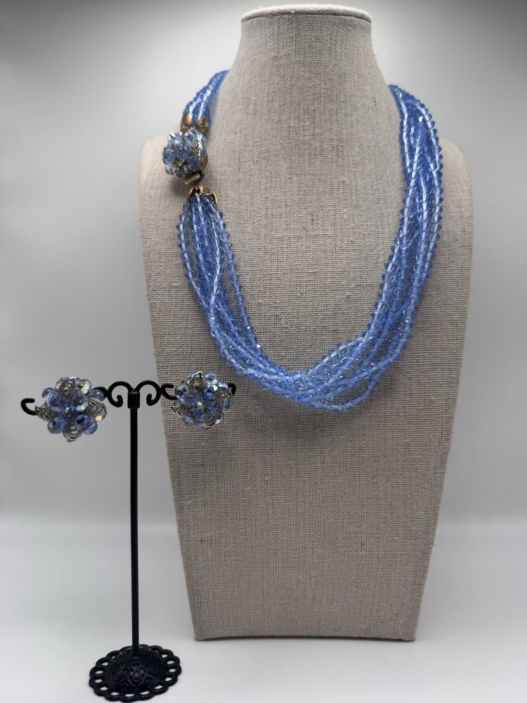 Vintage Faceted Crystal Light Blue 6 Strand Beaded Necklace & Earrings STUNNING