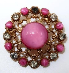 Vintage Pink & Purple Prong Set Stones Button Pendant, Brooch or Pin, 1 1/4″